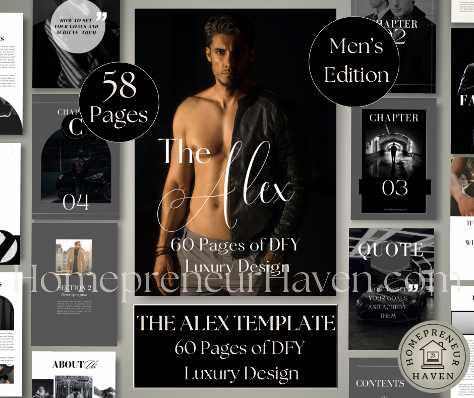 (Men’s Version) THE ALEX TEMPLATE: A Luxury Style Editable Canva Template. Create Your Own Ebook & Worksheets